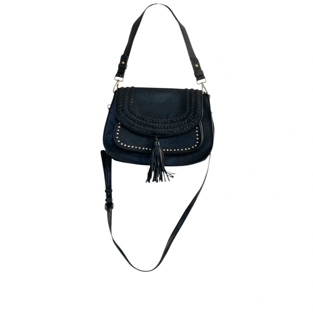 Antik Kraft Black Vegan Leather Saddlebag Crossbody Braid Detail Boho Western
